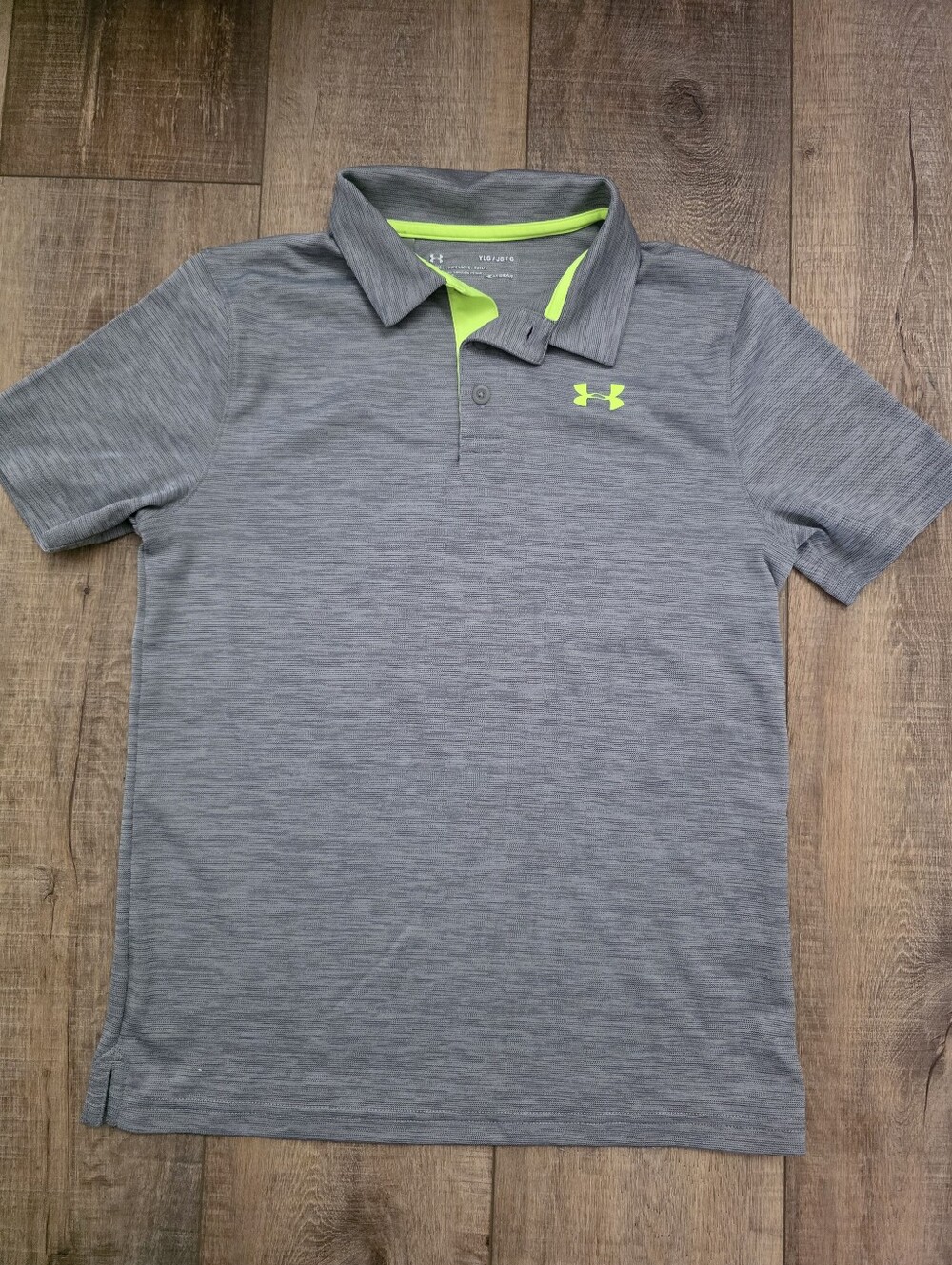 Under Armour Boys Gray Polo with Neon Green Logo Trim - Size Youth Large